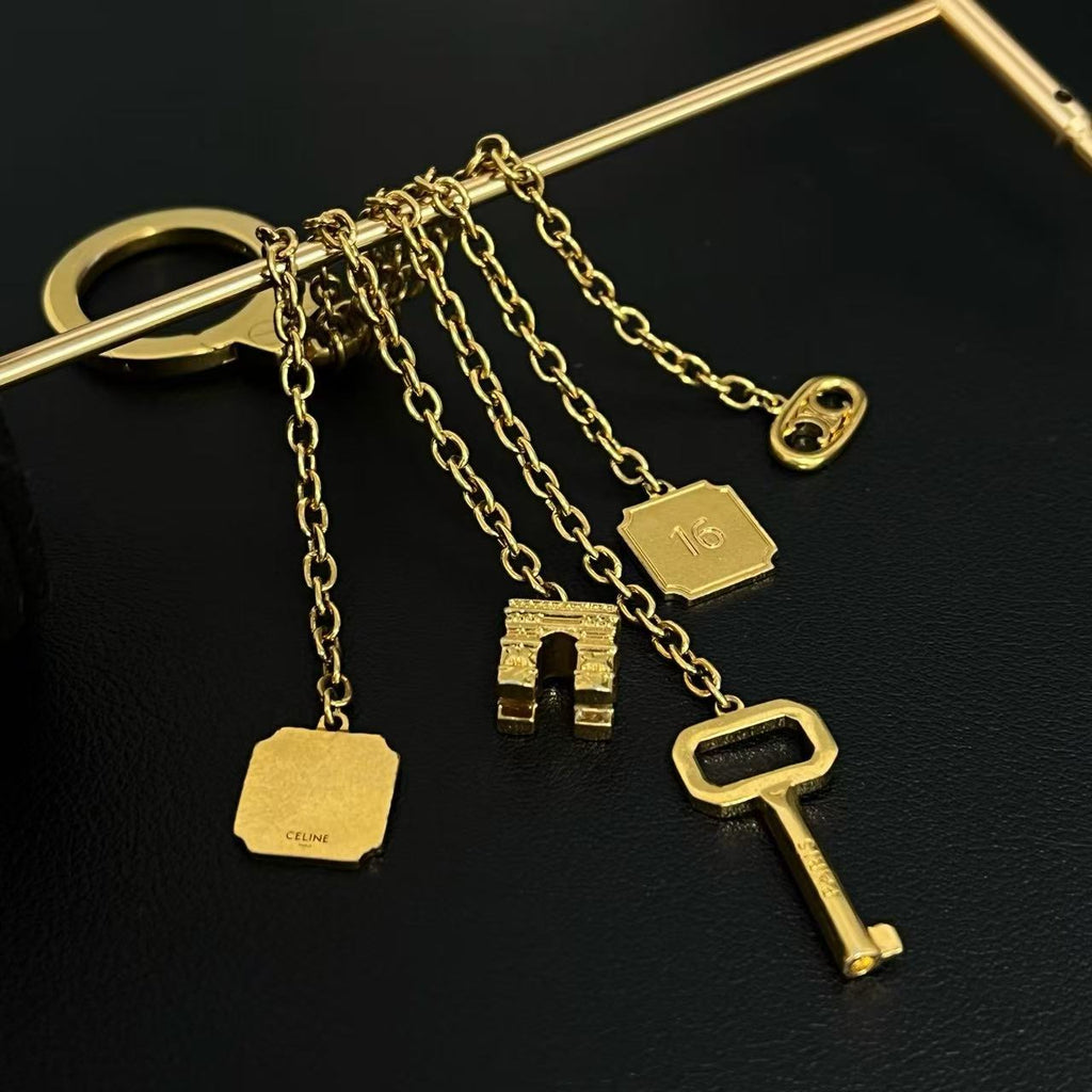 Celine Gold Toned Multichain Triomphe Charm Twins LDJ4255