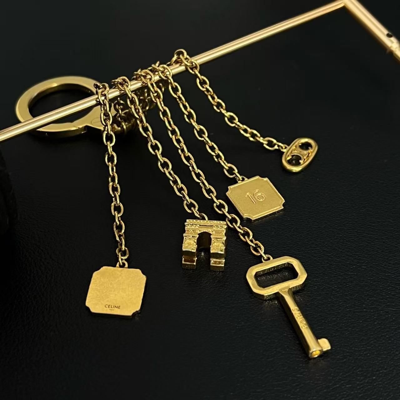 Celine Gold Toned Multichain Triomphe Charm Twins LDJ4255
