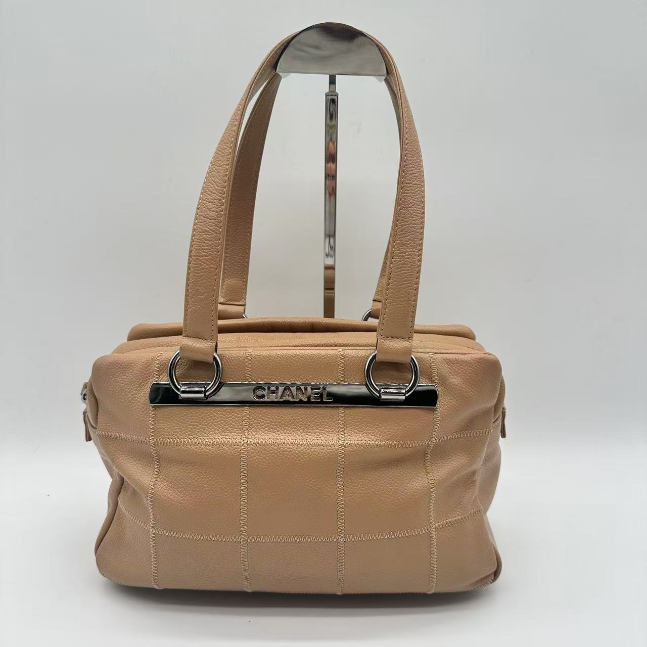 Beige Caviar Square Stitch Satchel Bag