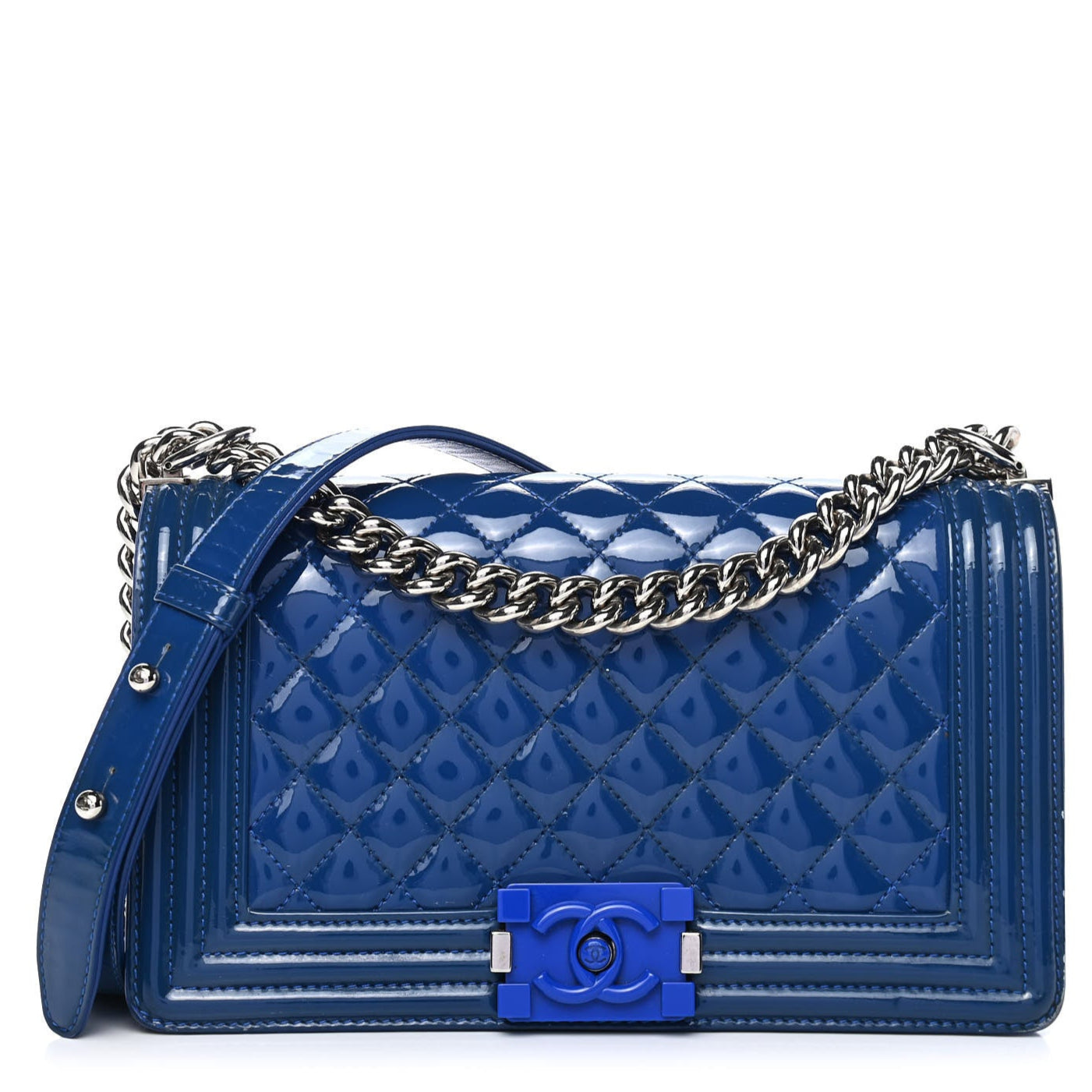 Patent Calfskin Quilted Medium Plexiglass Boy Flap Blue twins
