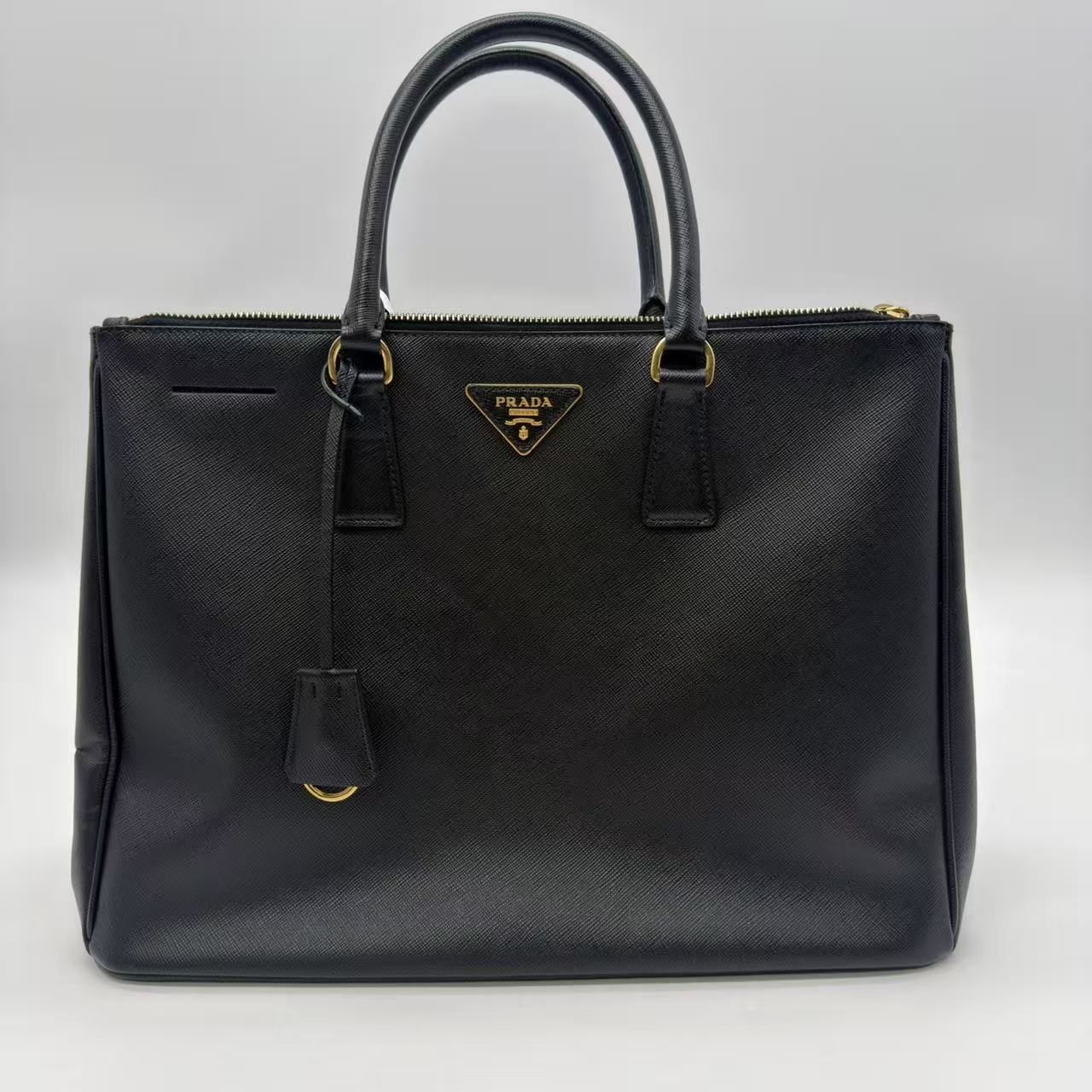  Black Leather Large Double Zip Tote