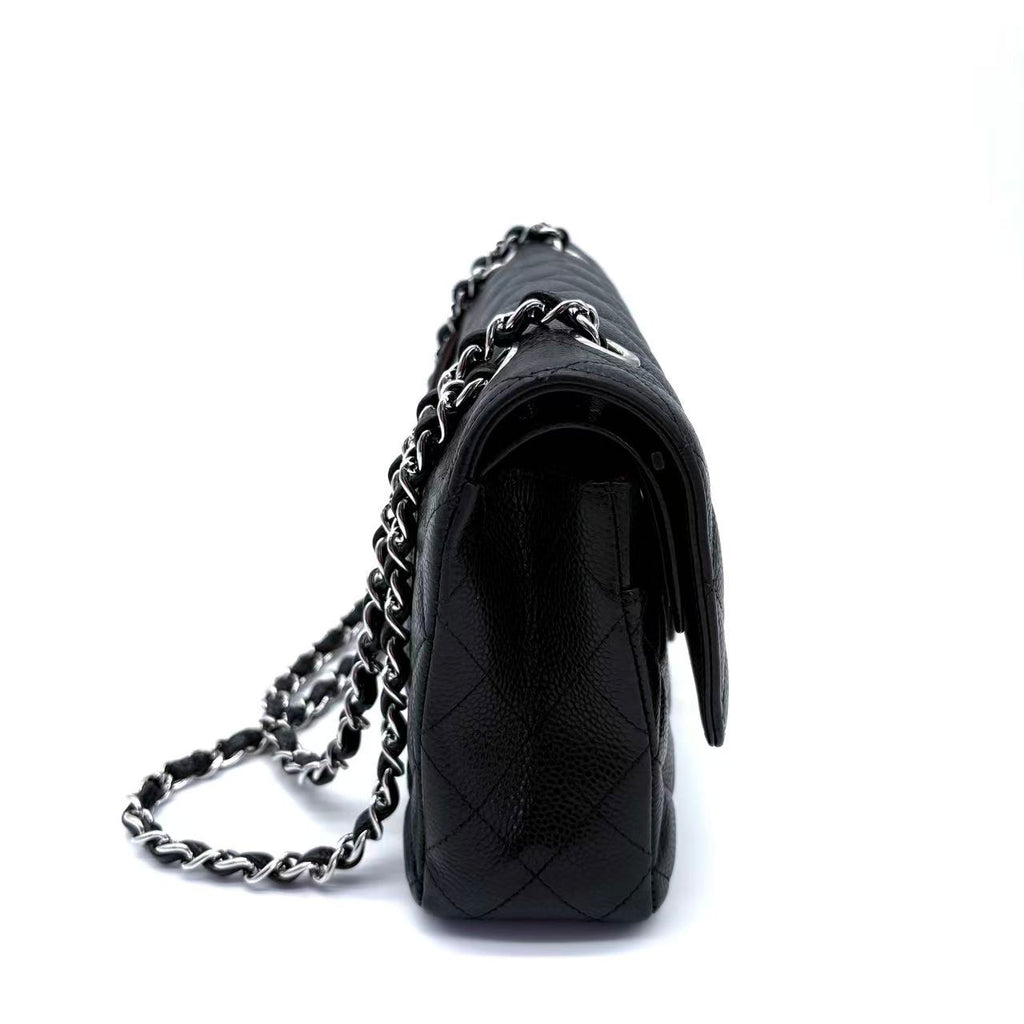 Black Quilted Caviar Medium Classic Double Flap Silver Hardware