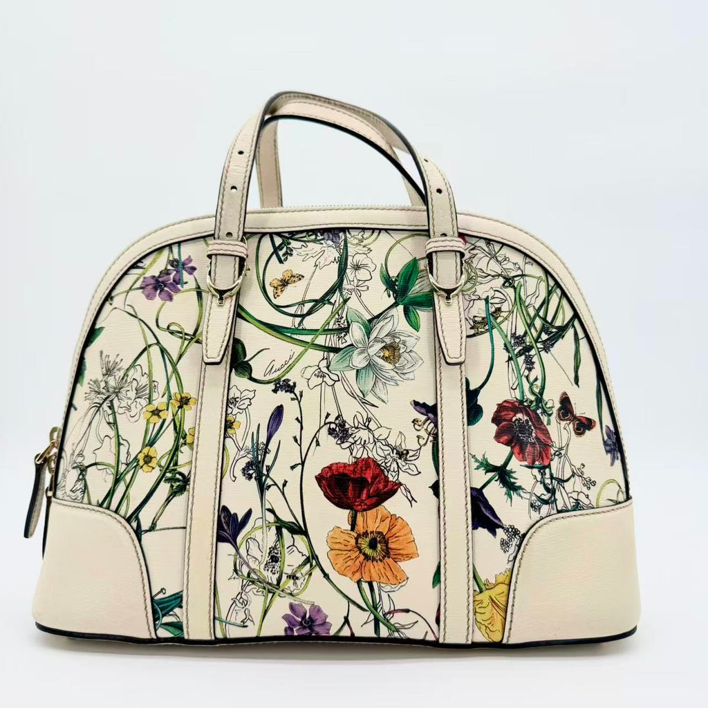 Flora Nice Dome Satchel in white with a multicolour floral print