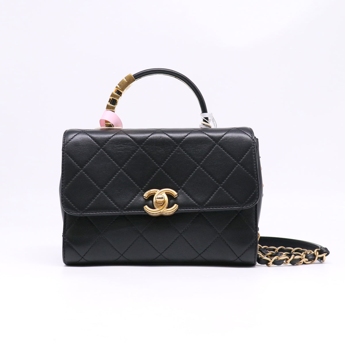 Stitched Pearl Logo Top Handle Flap Black Twins LDJ6764