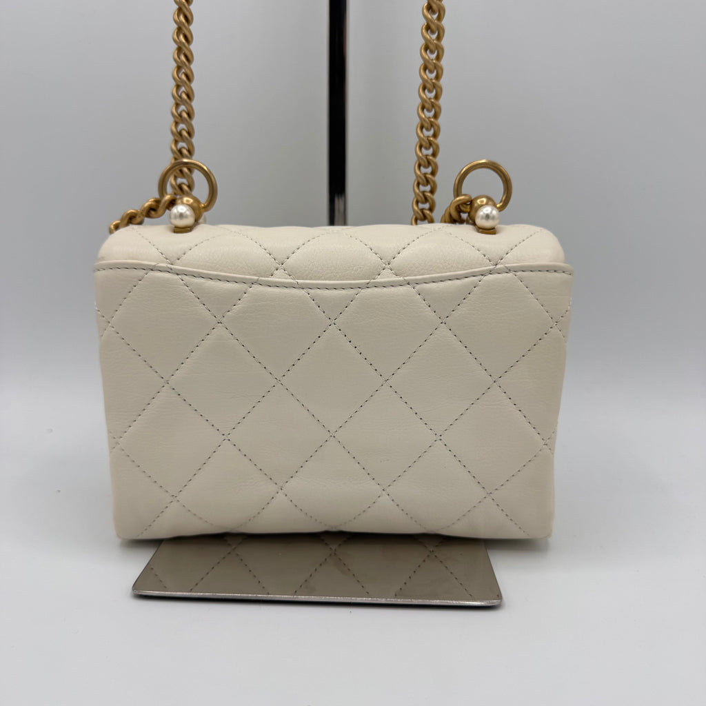 Chanel  Calfskin Quilted Accordion Pearl CC Flap Bag White