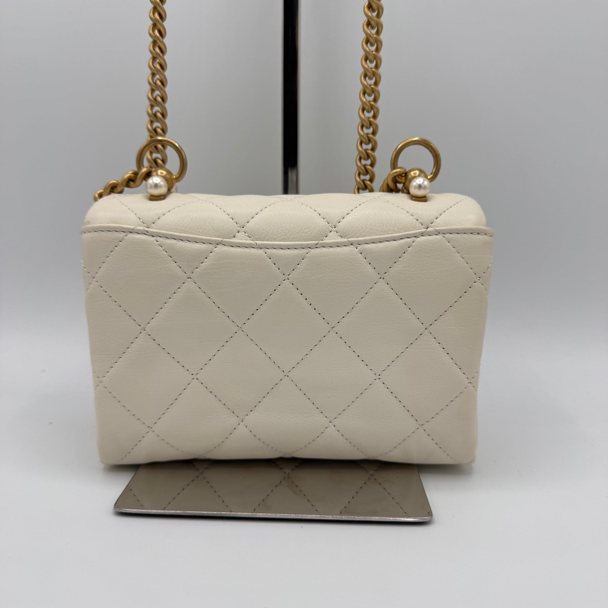 Chanel  Calfskin Quilted Accordion Pearl CC Flap Bag White