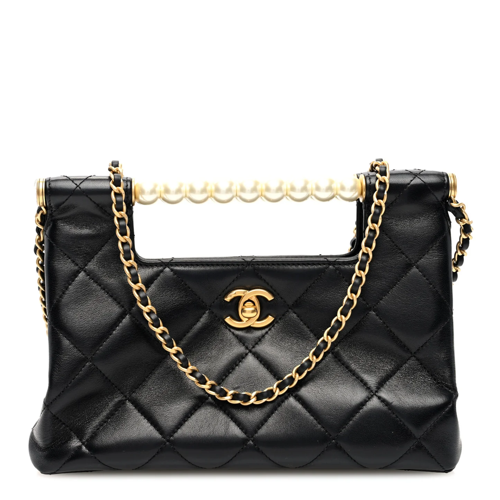 CC Pearls Bar Handle Shopping Bag Quilted Shiny Lambskin Small Twins