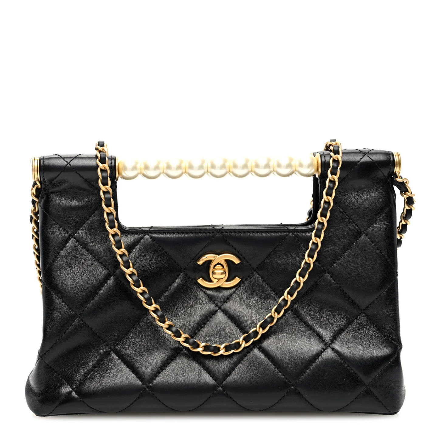 CC Pearls Bar Handle Shopping Bag Quilted Shiny Lambskin Small Twins