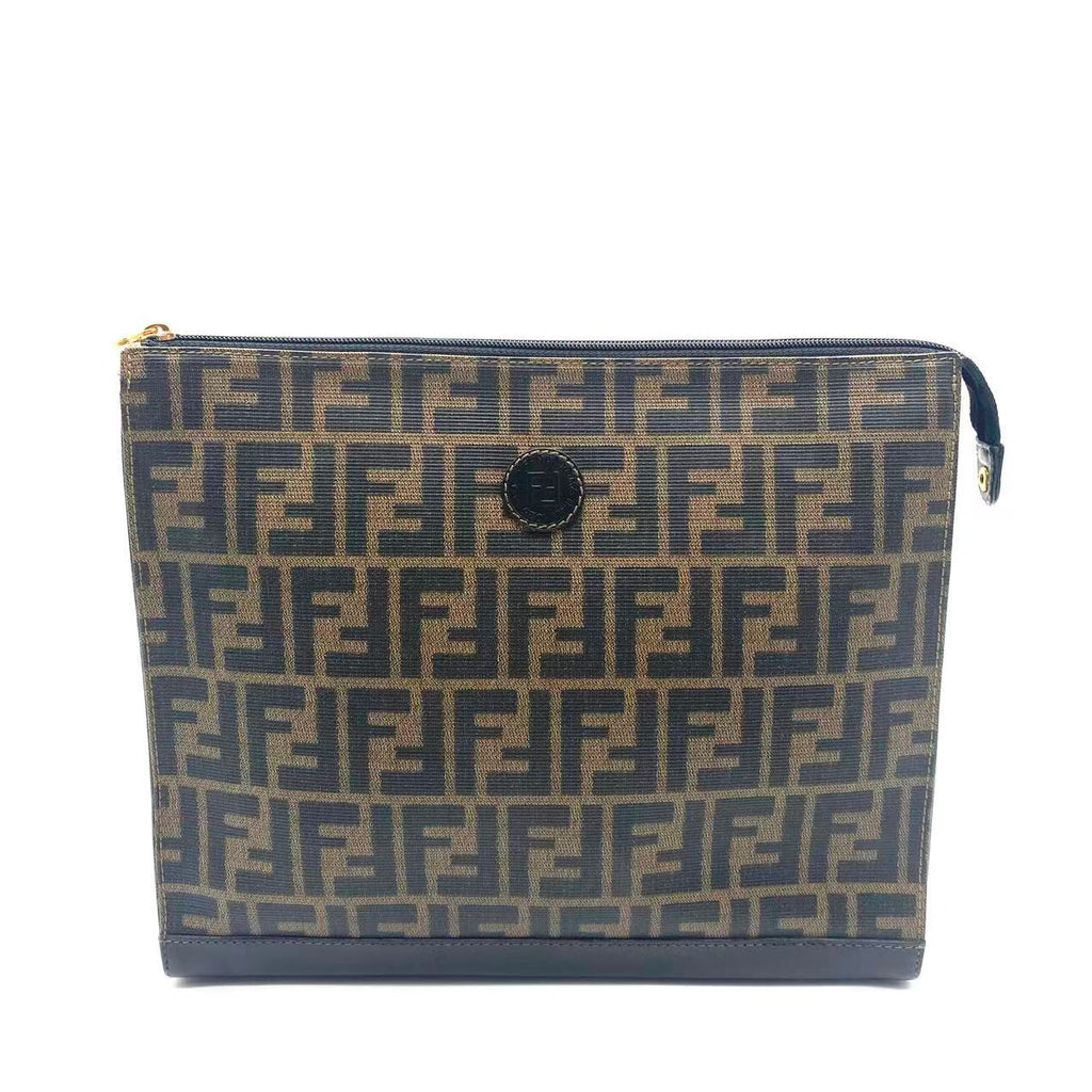 Fendi Brown Zucca Coated Canvas Leather Zip Pouch