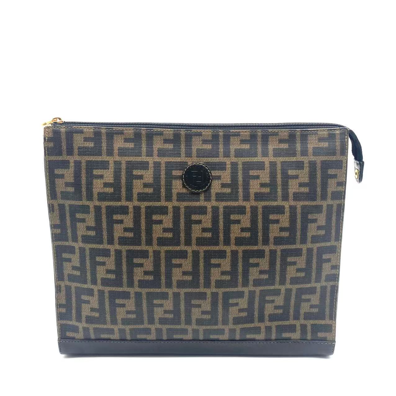 Fendi Brown Zucca Coated Canvas Leather Zip Pouch
