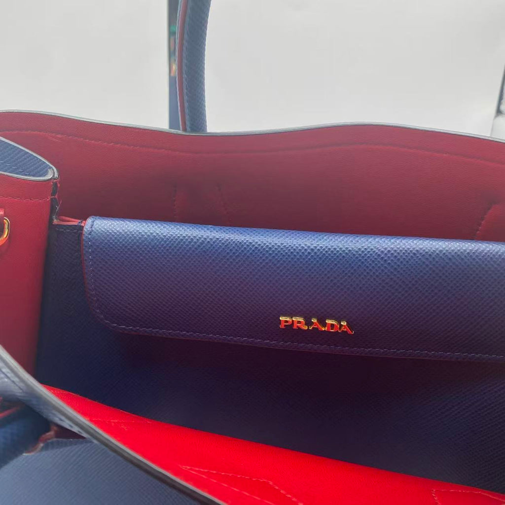 Navy Blue Saffiano Cuir Leather Double Handle Tote