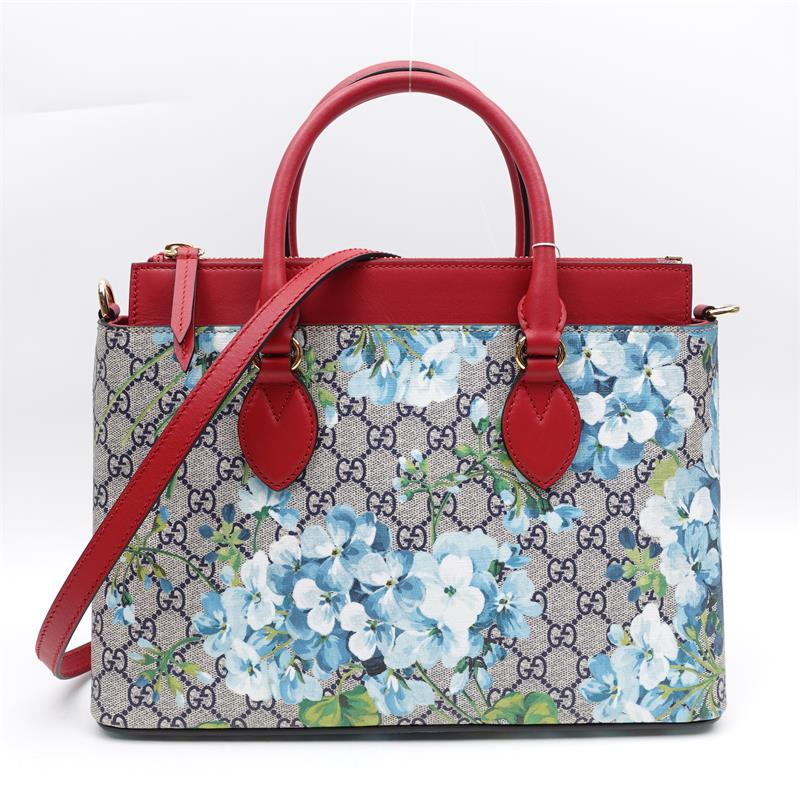 GG Supreme Monogram Blooms Small Zip Top Tote Beige Blue Navy Hibiscus Red