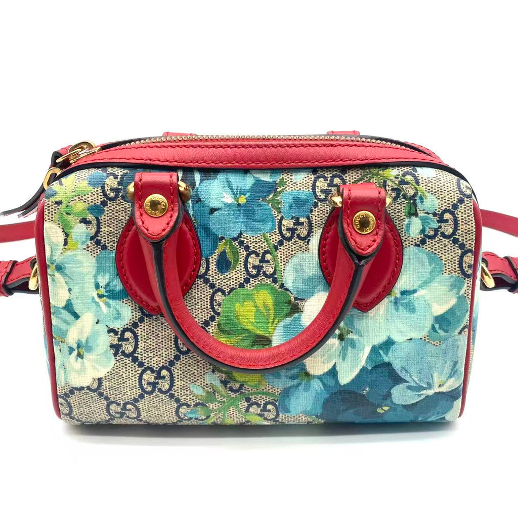 GG Supreme Monogram Blooms Mini Boston Navy Blue Hibiscus