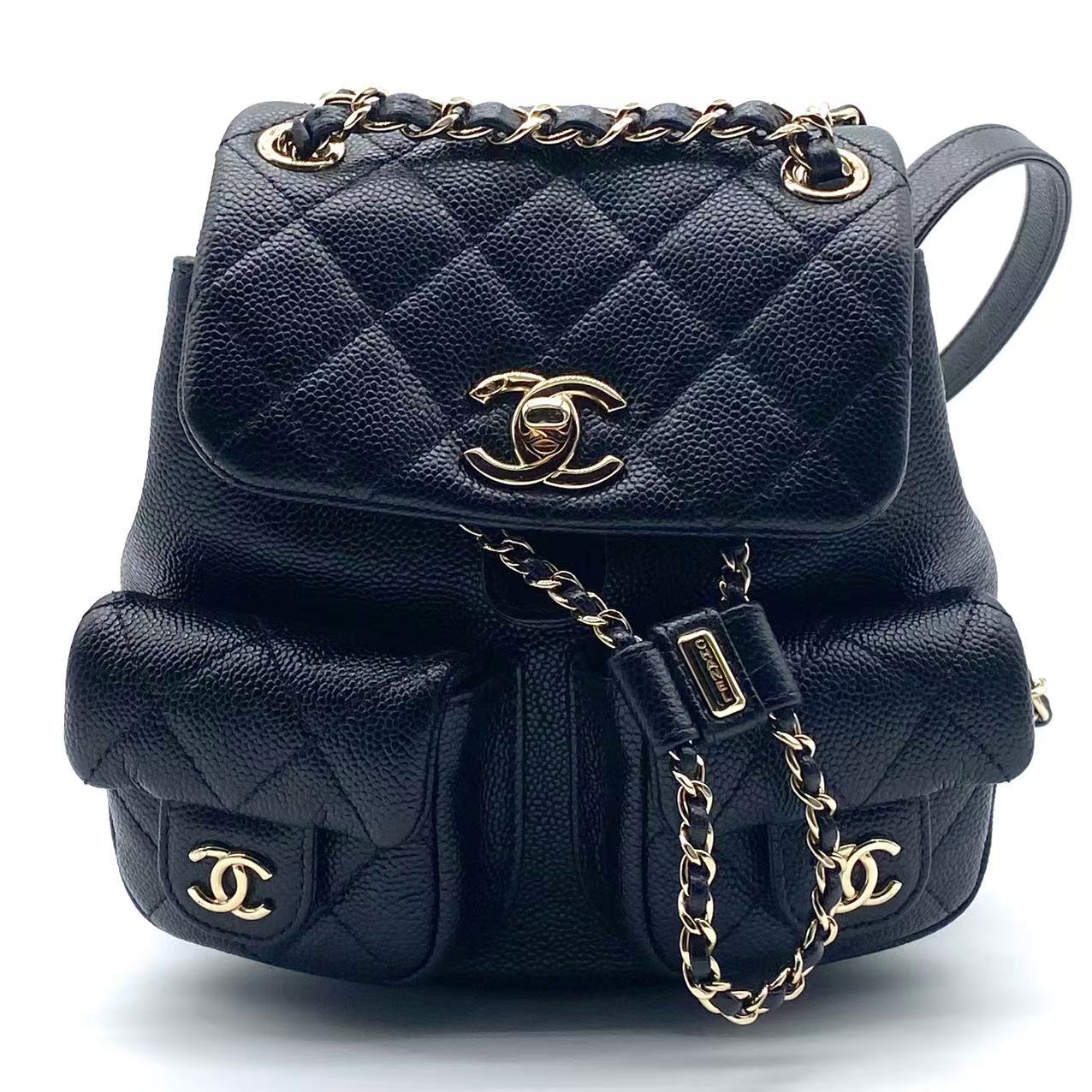 Shiny Caviar Quilted Small Duma Pockets Drawstring Backpack Black