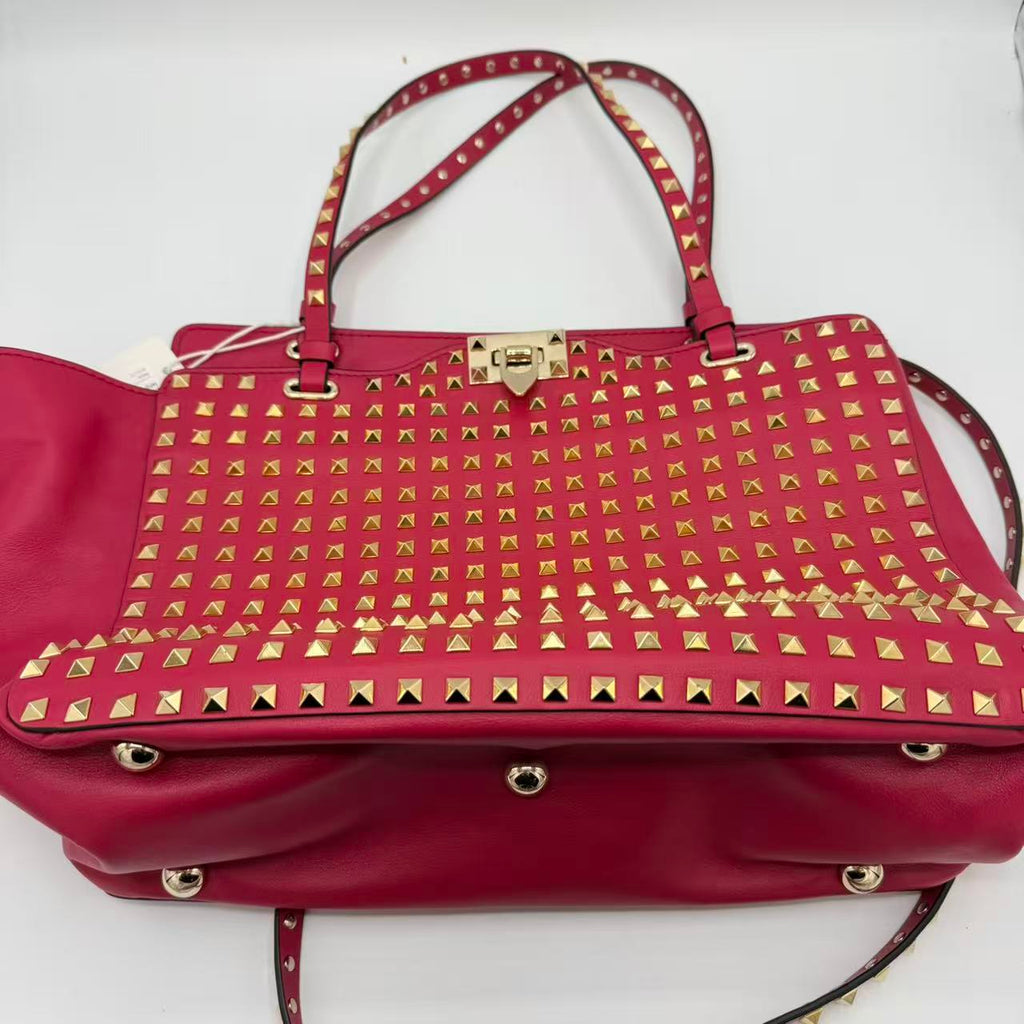 Pink Leather Rockstud All Over Trapeze Tote Bag