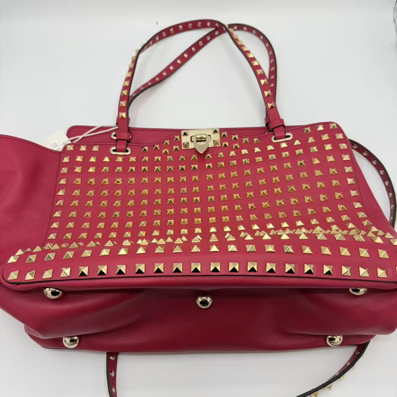 Pink Leather Rockstud All Over Trapeze Tote Bag