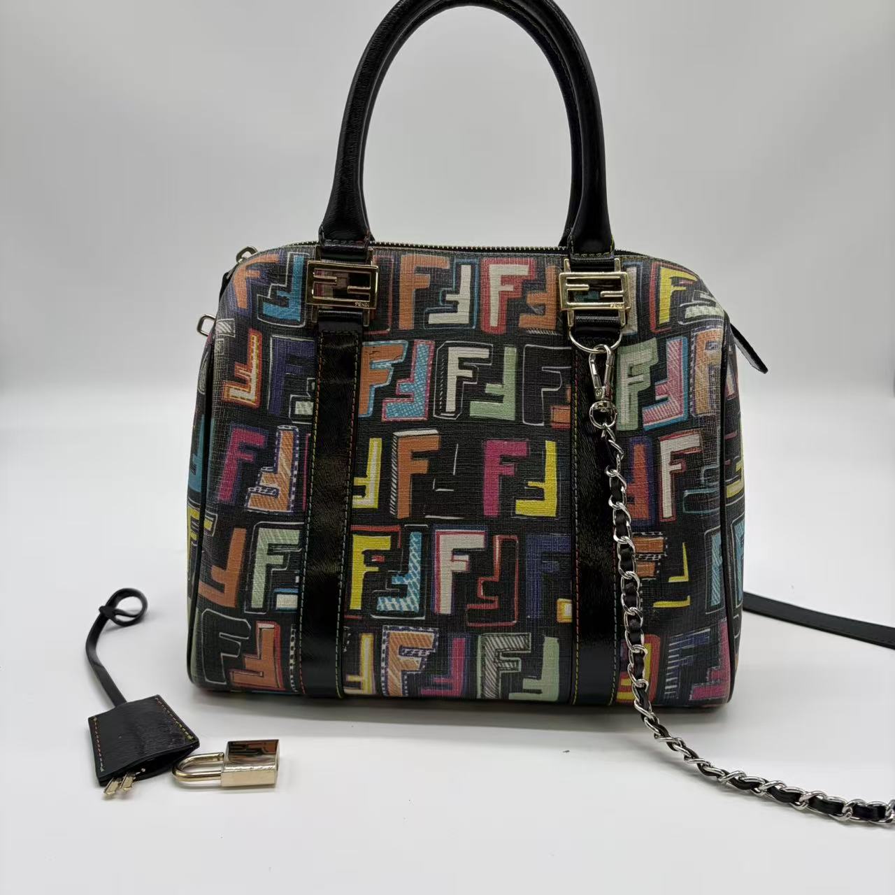 Fendi Multicolor Coated Canvas Forever Bauletto Boston Bag TWins