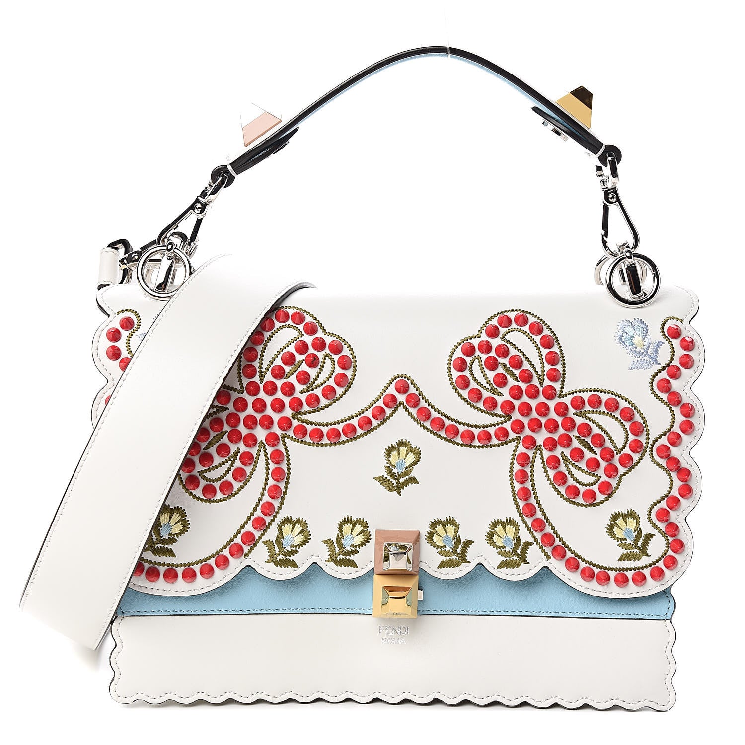 Vitello Liberty Scalloped Studded Flowers and Bows Kan I Shoulder Bag White Multicolor twins