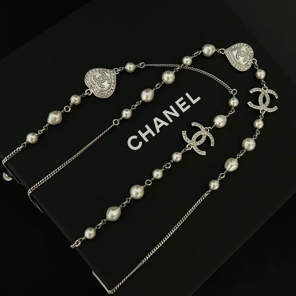 CHANEL Pearl Crystal CC Long Necklace twins LDZ208