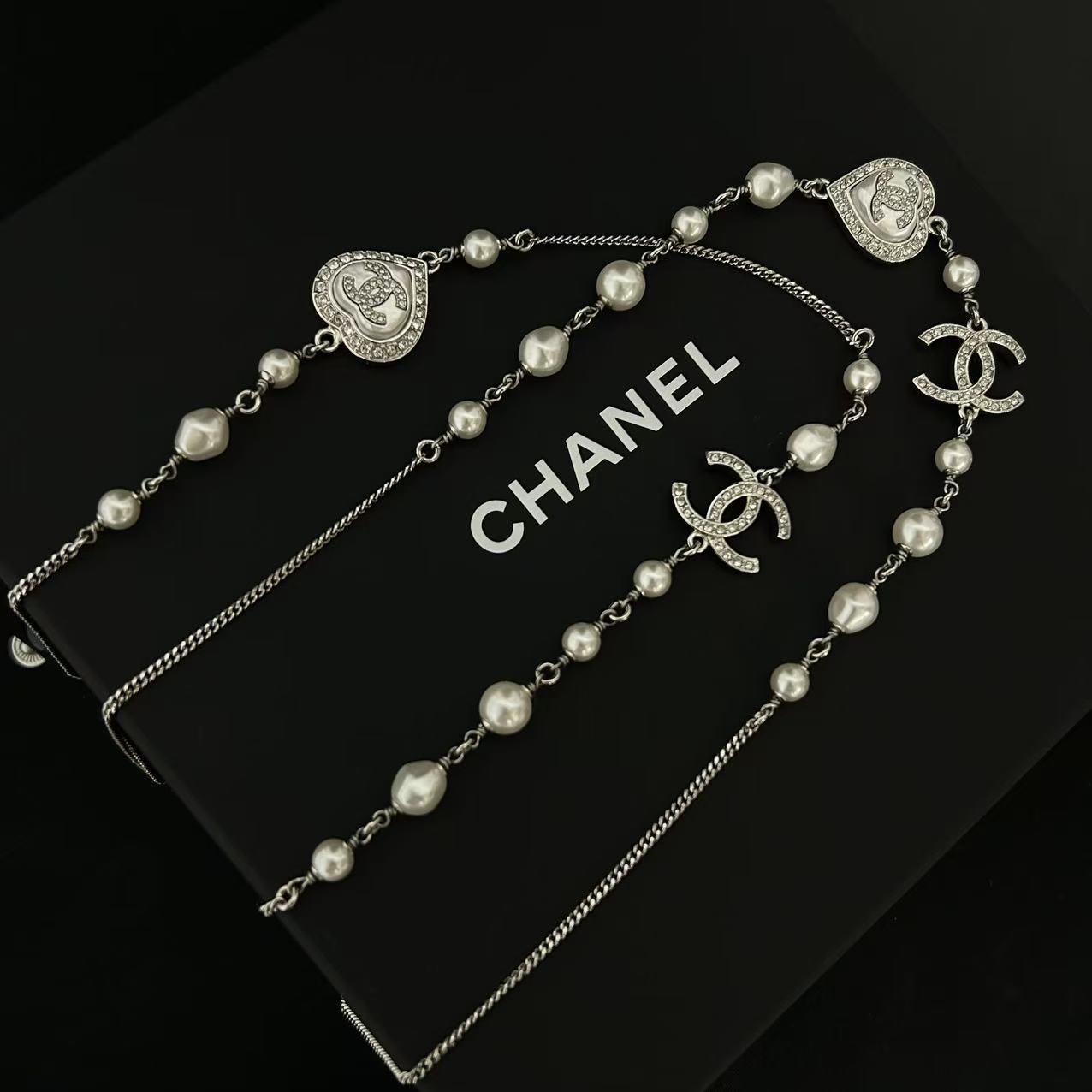CHANEL Pearl Crystal CC Long Necklace twins LDZ208