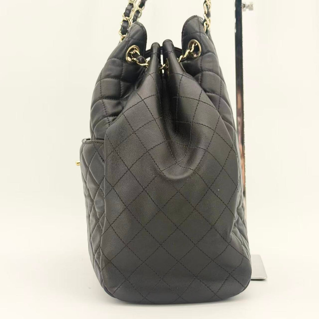 Quilted Lambskin Leather Drawstring Bucket Shoulder Bag