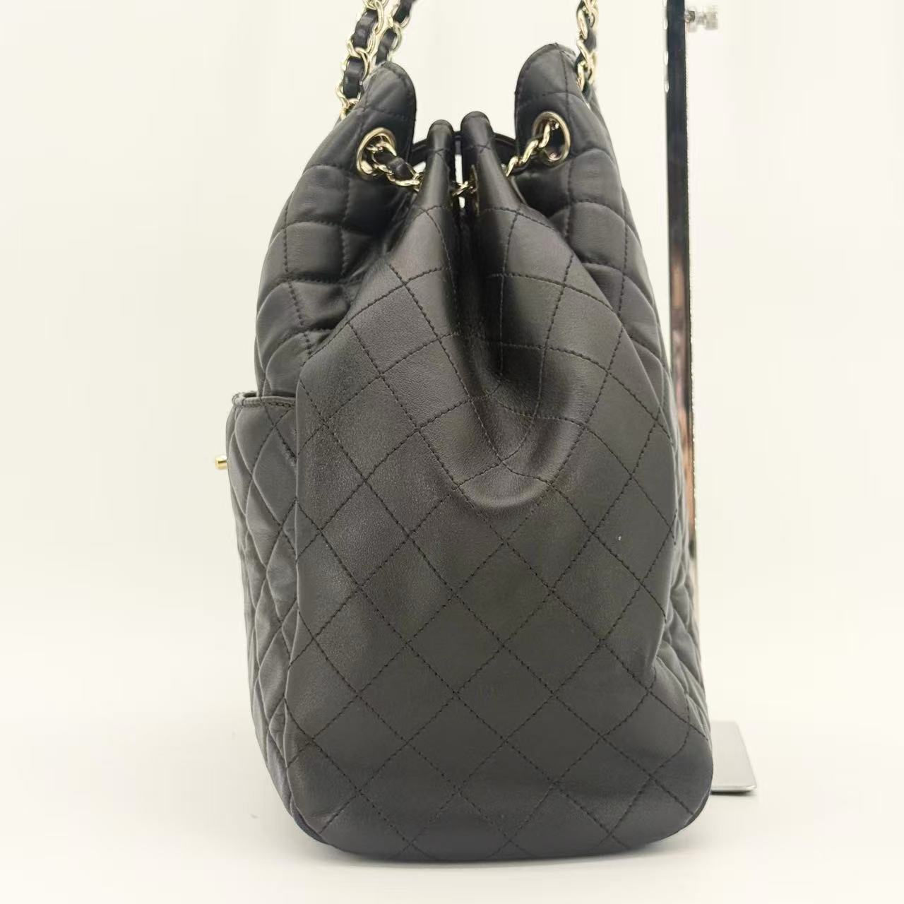 Quilted Lambskin Leather Drawstring Bucket Shoulder Bag