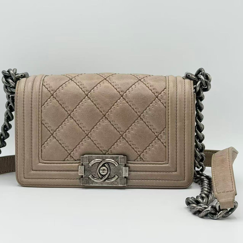 Light Beige Quilted Leather Boy Flap Bag