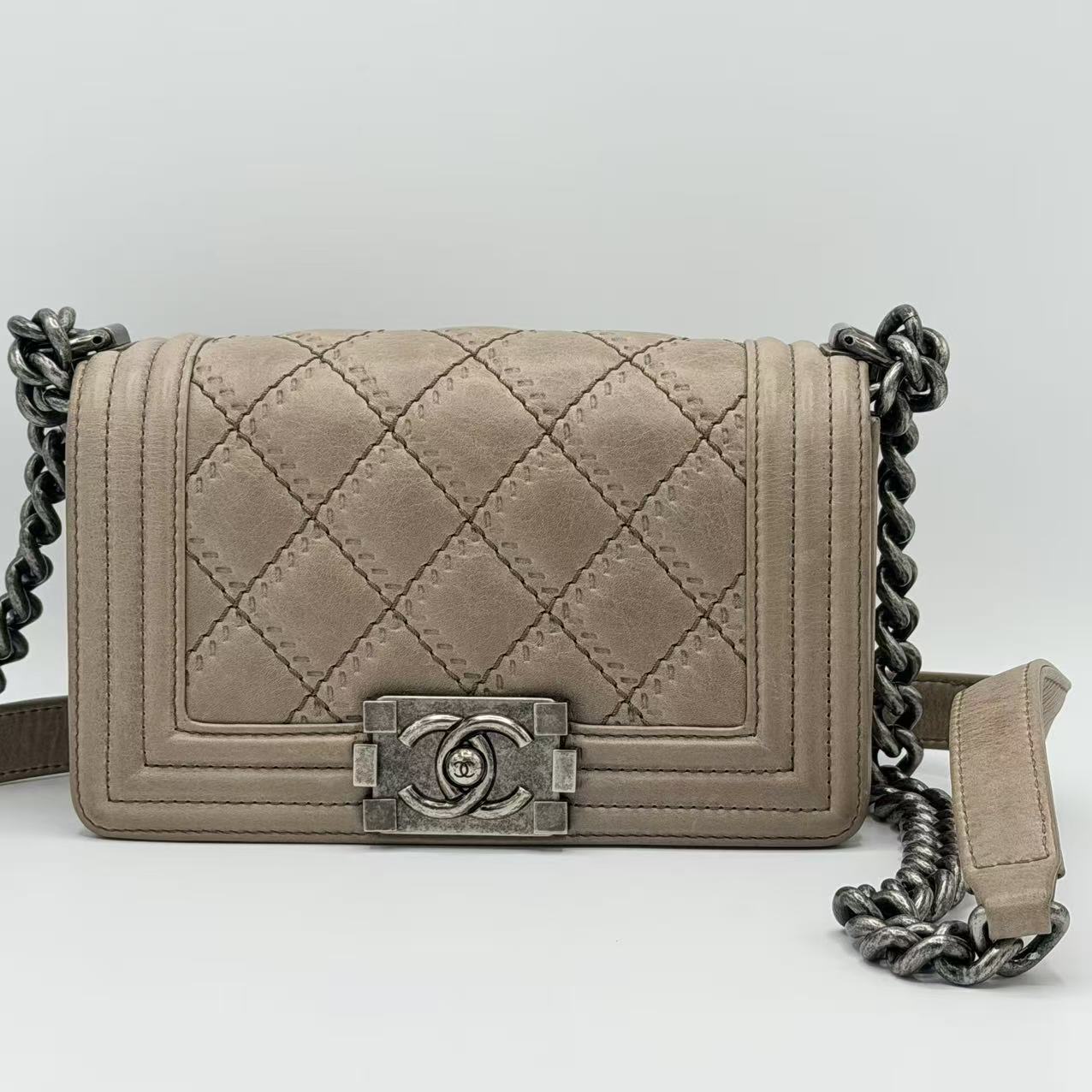 Light Beige Quilted Leather Boy Flap Bag