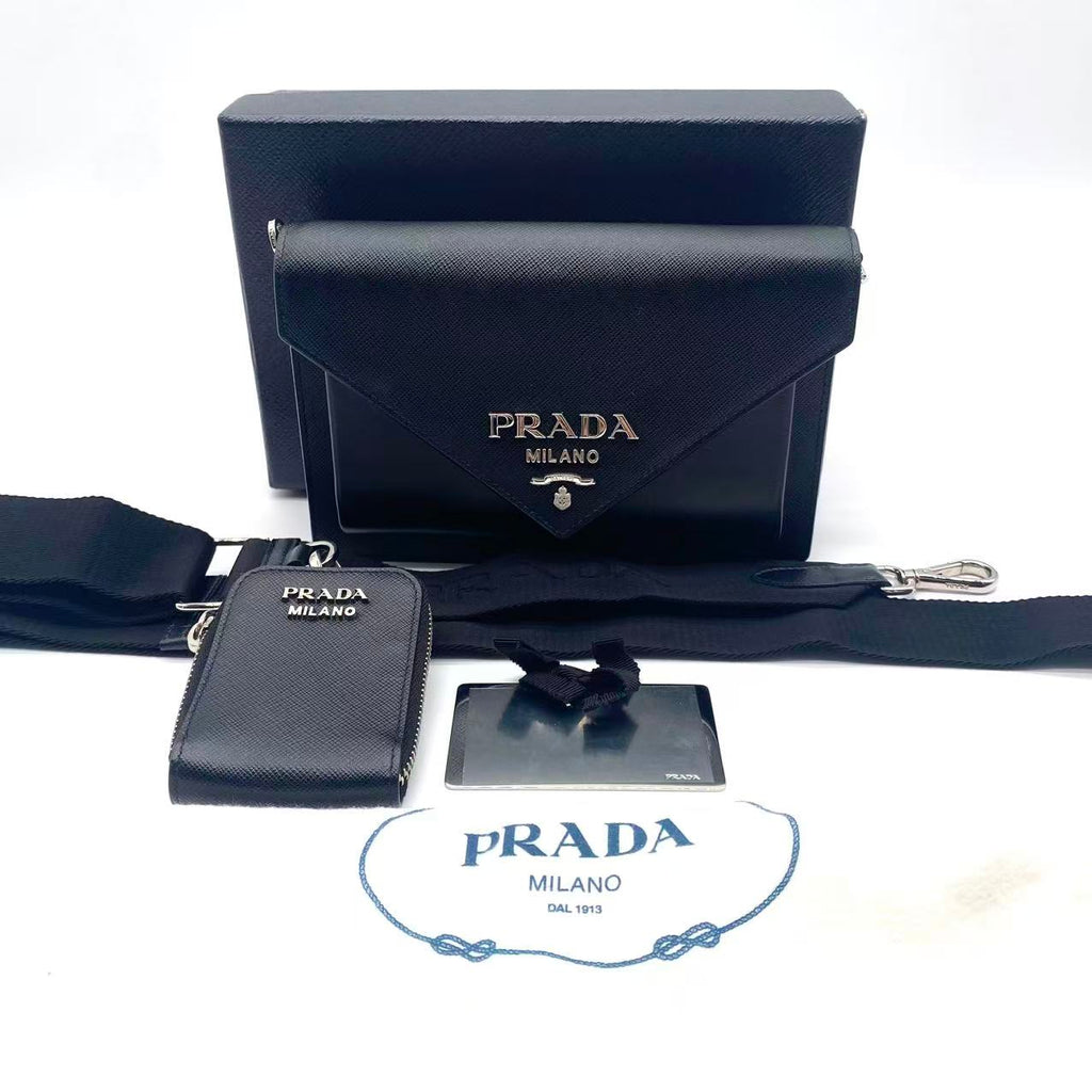 Prada Saffiano Leather Mini Envelope Bag 2Way Shoulder Bag Black