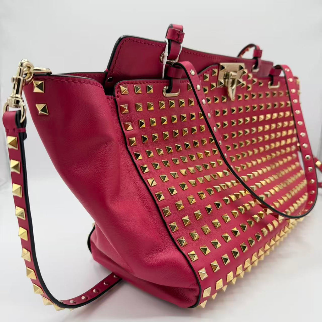 Pink Leather Rockstud All Over Trapeze Tote Bag