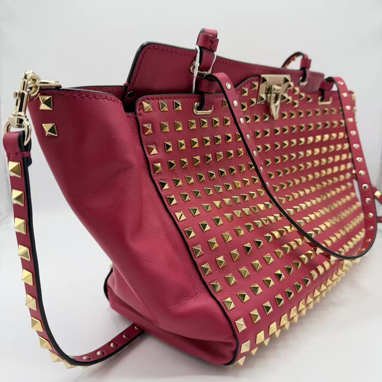 Pink Leather Rockstud All Over Trapeze Tote Bag