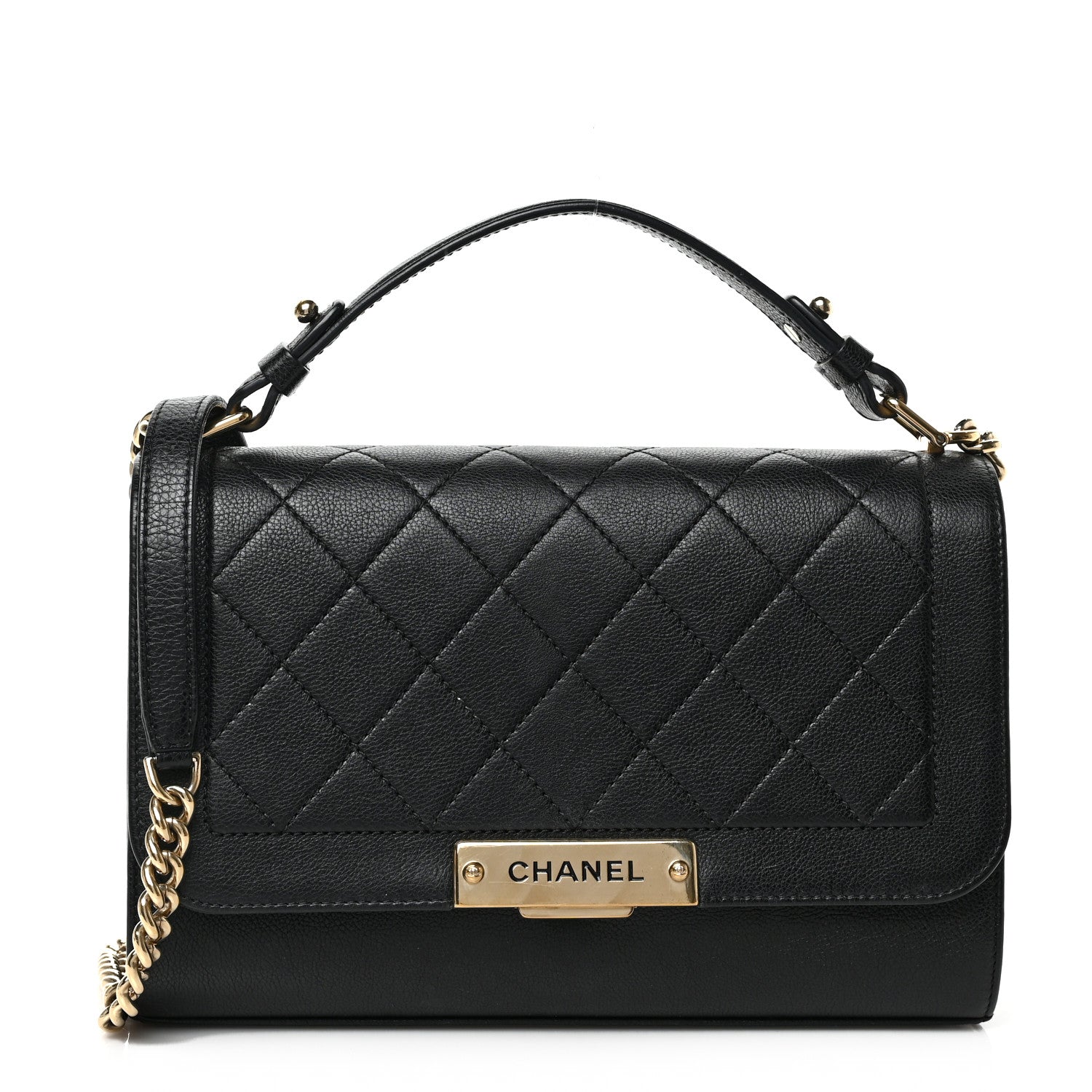 Grained Calfskin Quilted Medium Label Click Flap Bag Black twins