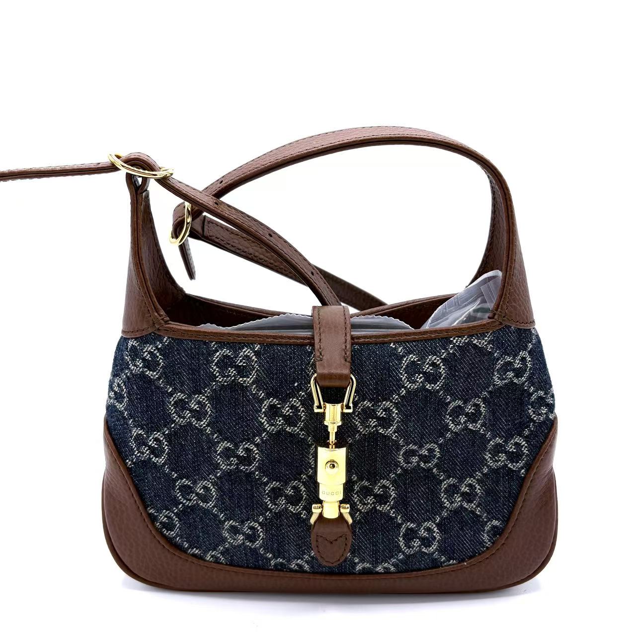 New Denim GG Monogram Calfskin Mini Jackie 1961 Hobo Blue Tea Cuir