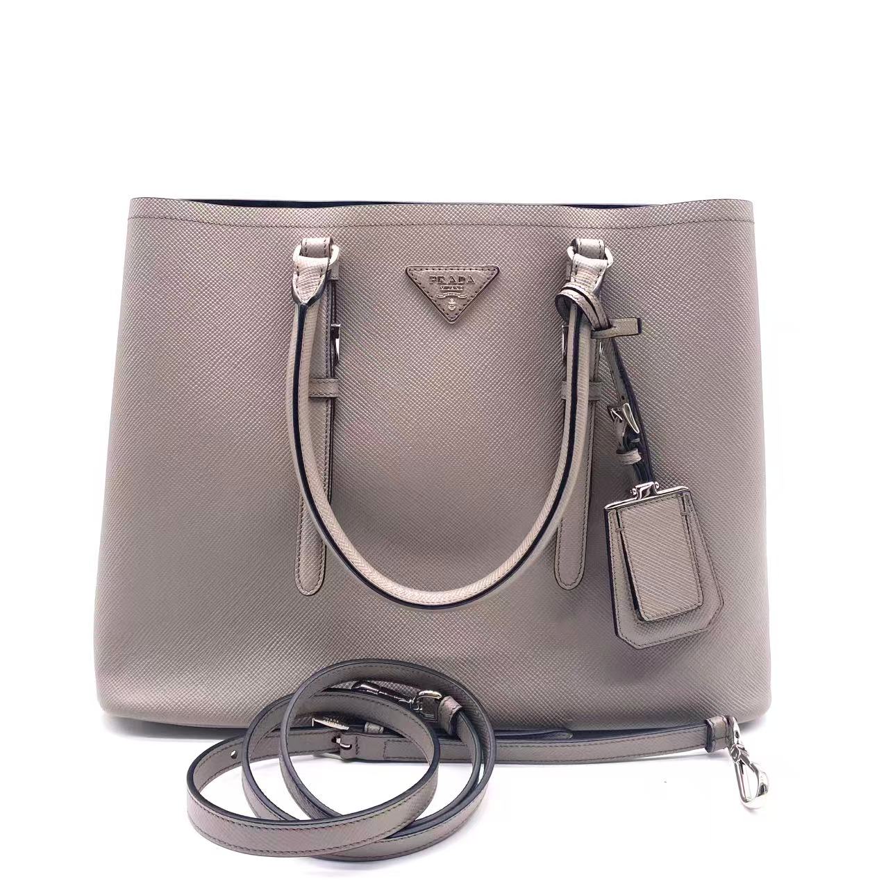 Grey Saffiano Cuir Leather Medium Double Handle Tote