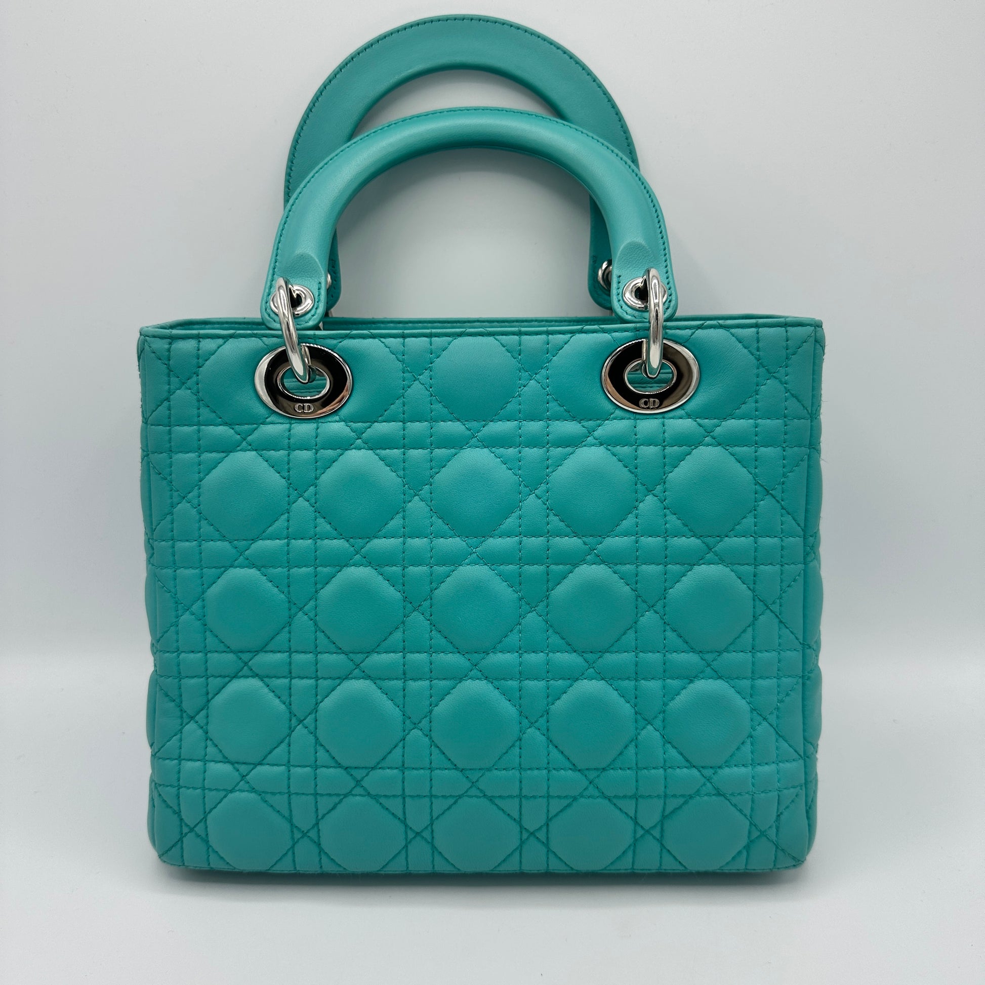 Dior Lady Dior Medium Turquoise Cannage Quilted Leather Silver
