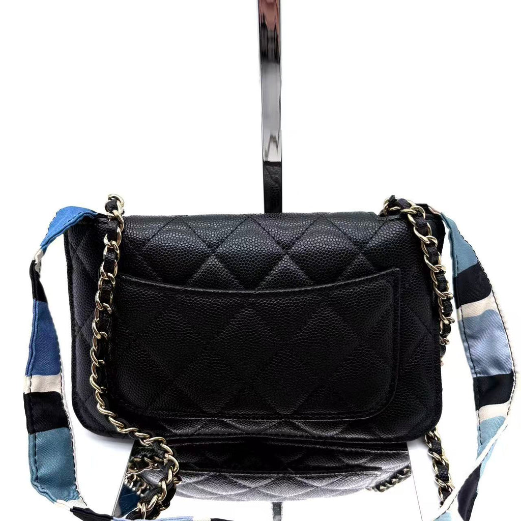 Caviar Fabric Foldable Tote Bag With Chain Black Multicolor