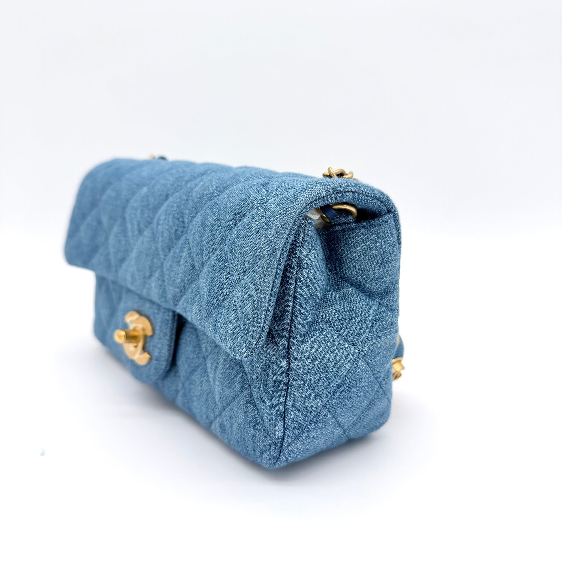 Denim Quilted Mini Pearl Crush Rectangular Flap Blue