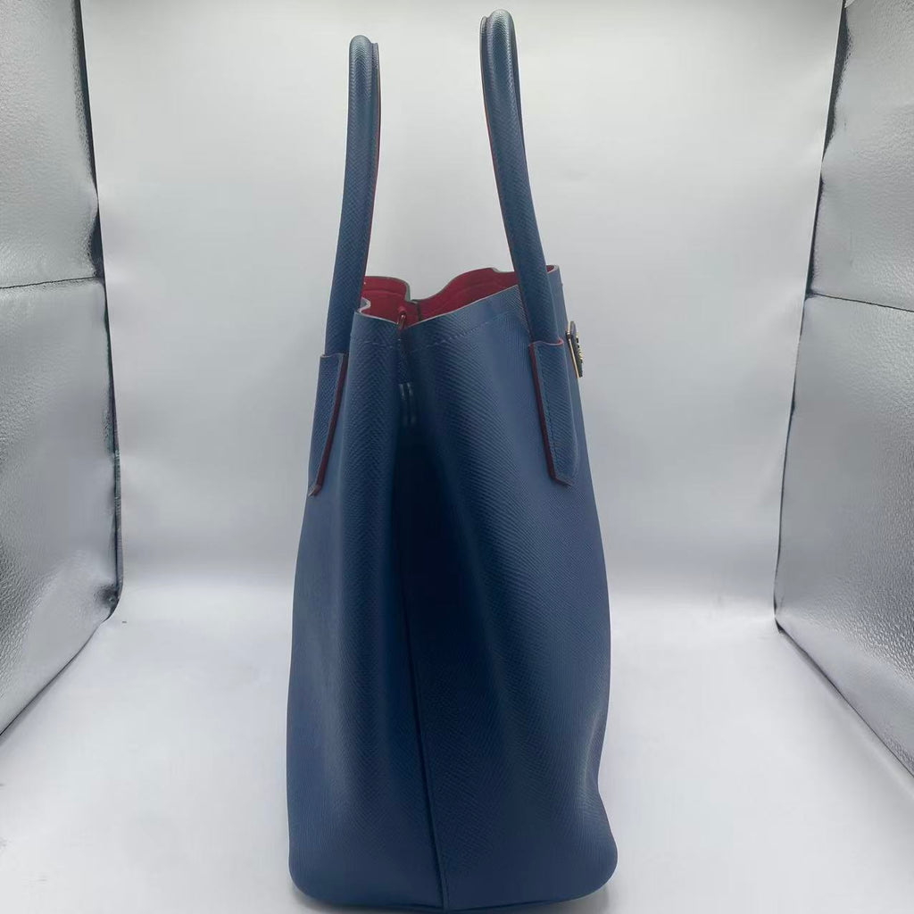 Navy Blue Saffiano Cuir Leather Double Handle Tote