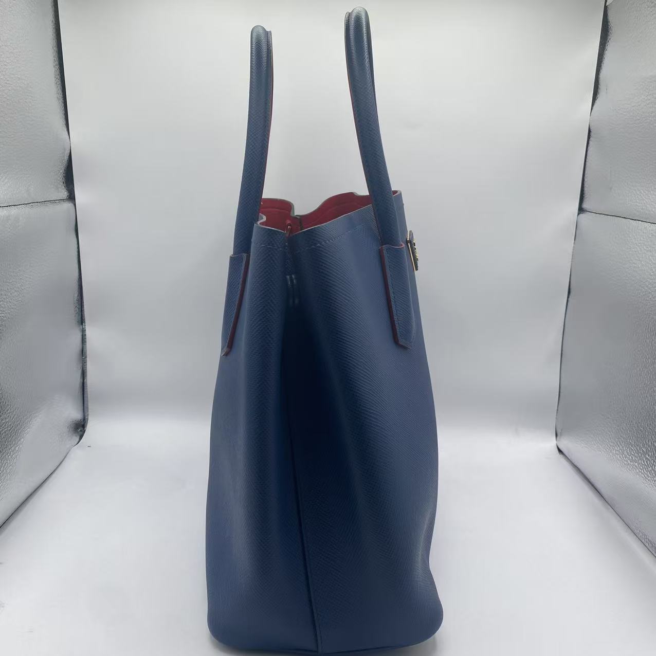 Navy Blue Saffiano Cuir Leather Double Handle Tote