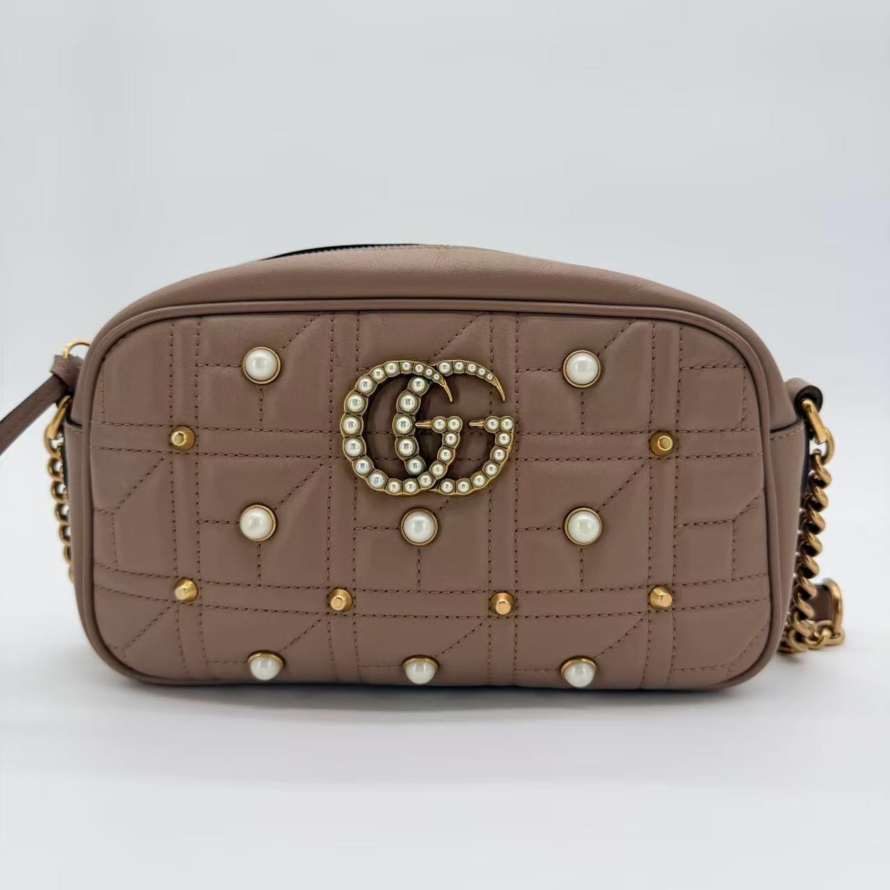 Pearly GG Marmont Shoulder Bag Embellished Matelasse Leather