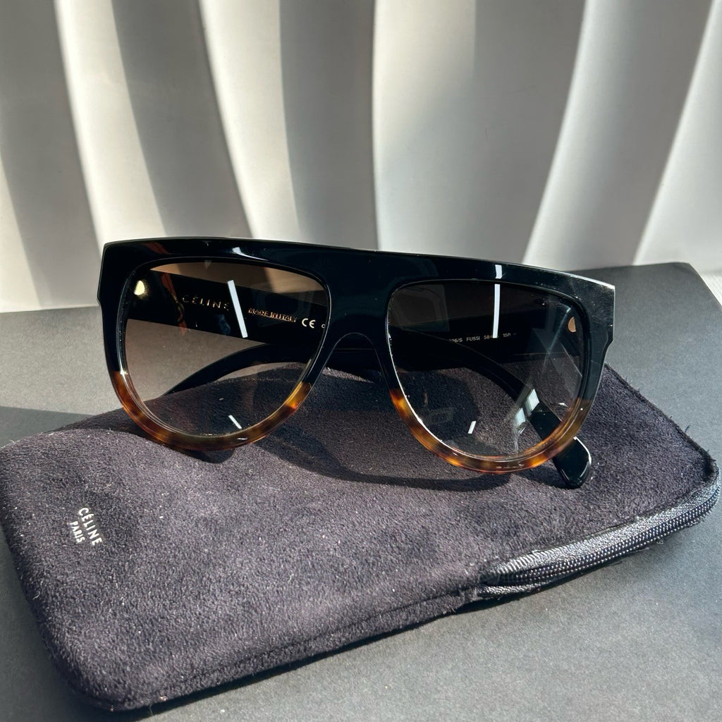 Celine Black Plastic Oversized Sunglasses Tortoiseshell Trim Twins LDJ3849