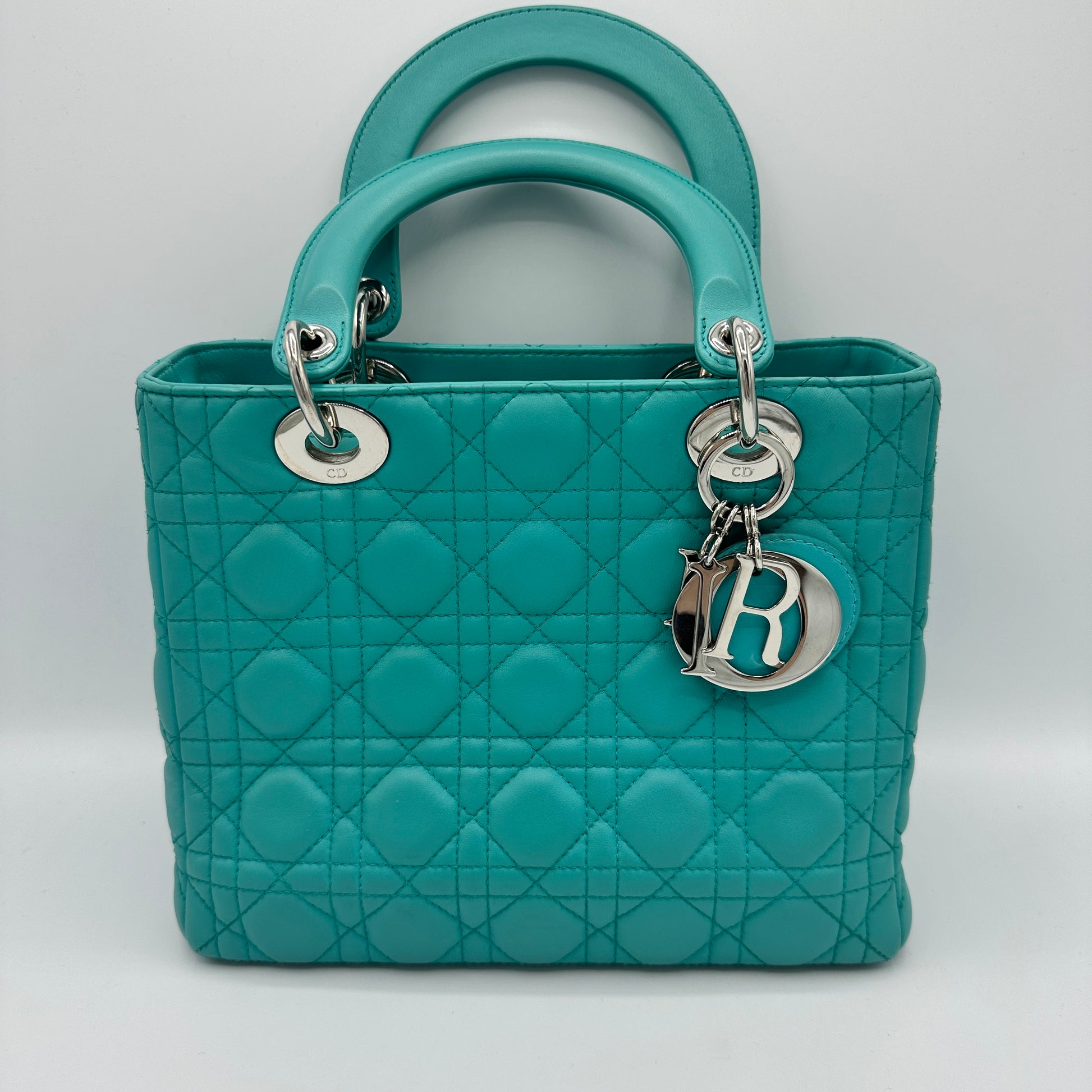 Dior Lady Dior Medium Turquoise Cannage Quilted Leather Silver