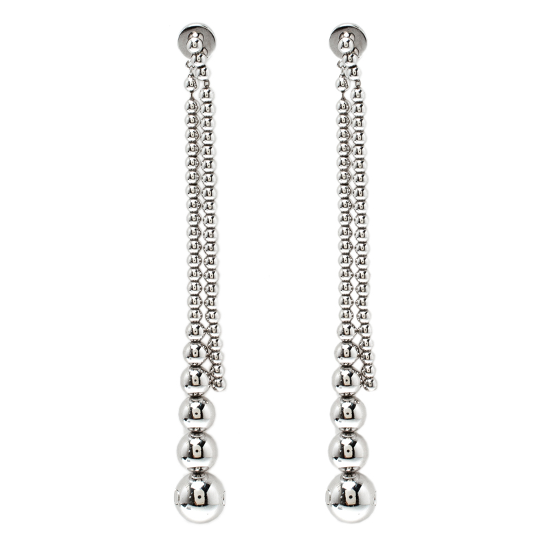Dior Beaded Tassel Silver Tone Long Earrings twins LDJ4610