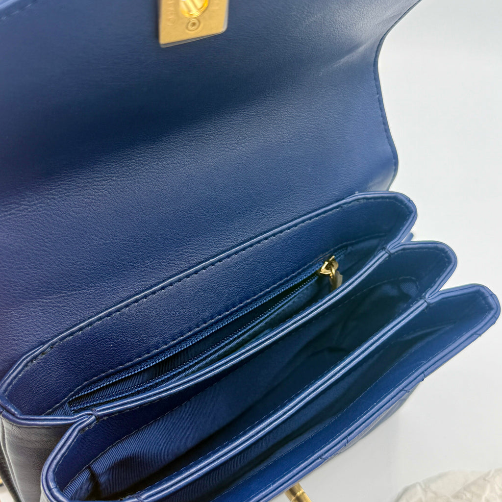 Blue Quilted Calfskin Leather Metal Top Handle Envelope Flap