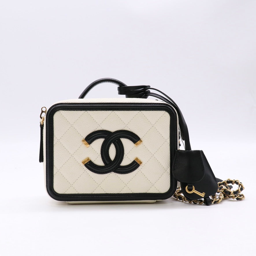 Chanel CC Filigree Vanity Case White Black Aged Gold Hardware twins LDZ1481
