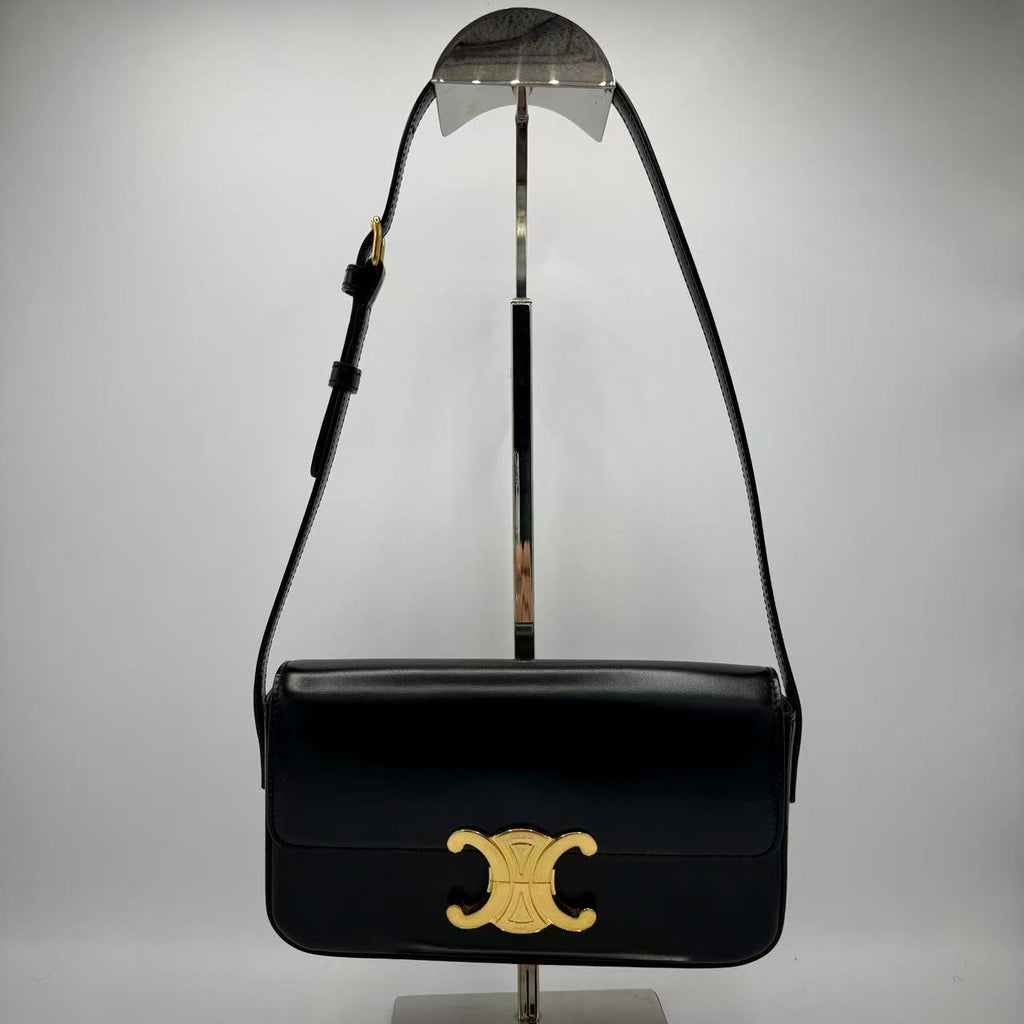 Shiny Calfskin Triomphe Shoulder Bag Black