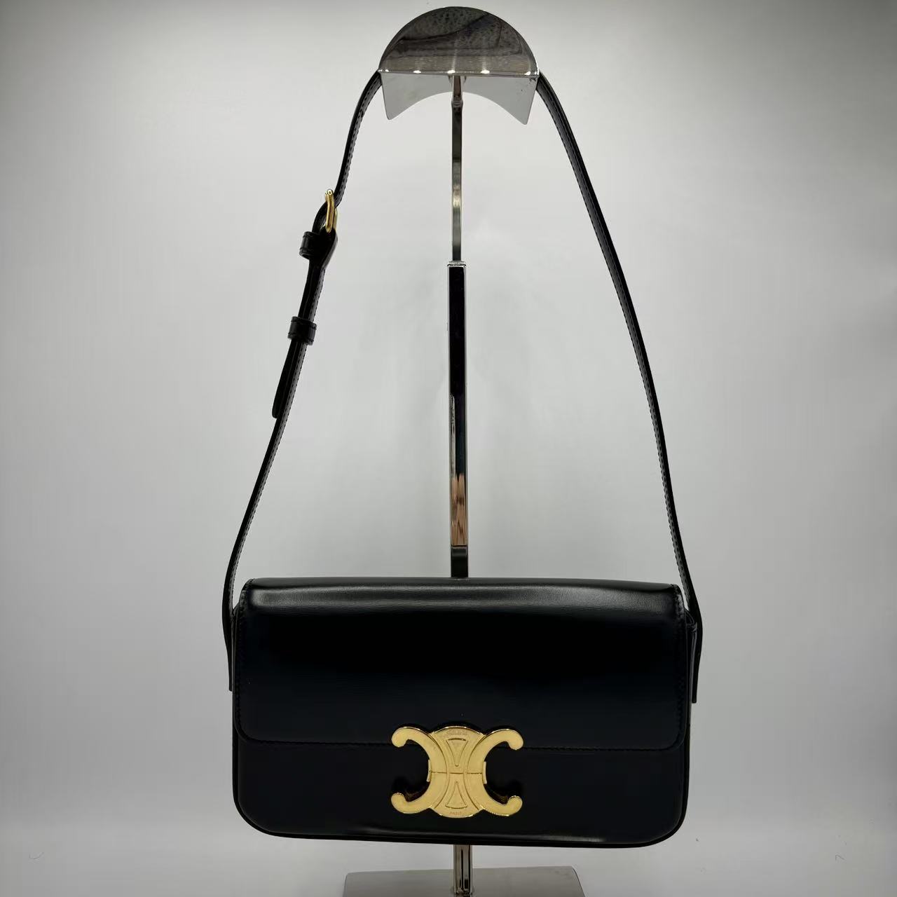 Shiny Calfskin Triomphe Shoulder Bag Black