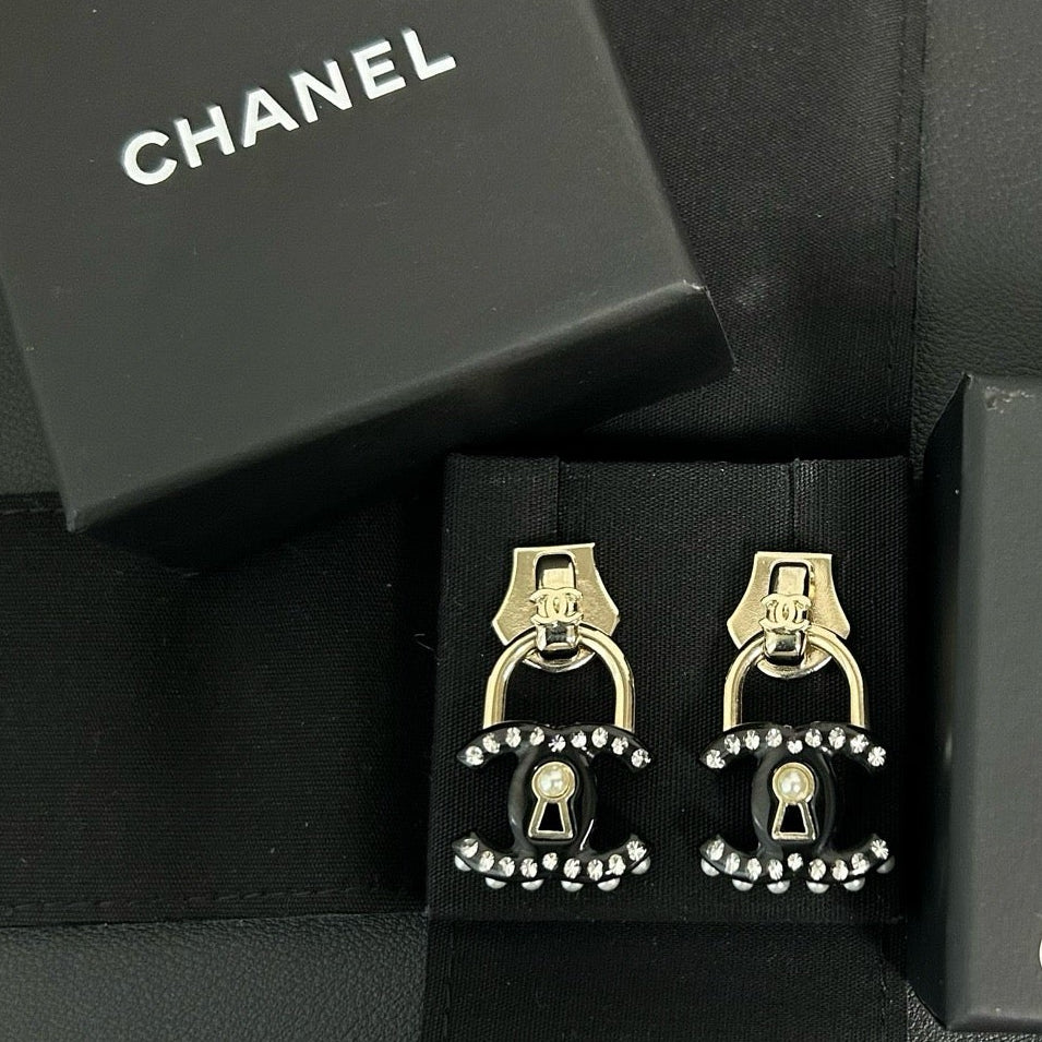 Metal Resin Crystal Pearl CC Lock Drop Earrings Gold Black Twins LDJ3338