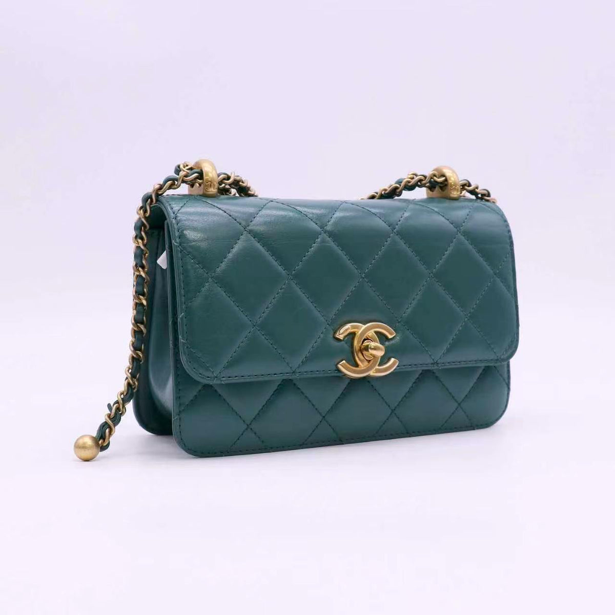 Chanel Quilted 19 Double Gold Ball Flap Bag Calfskin Green twins LDZ1604