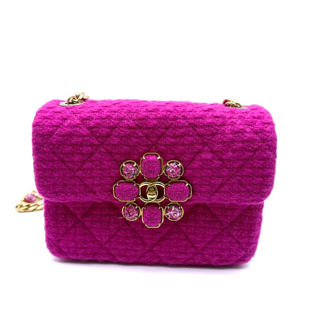 Cashmere Tweed Quilted Mini Bijoux Flap Fuchsia